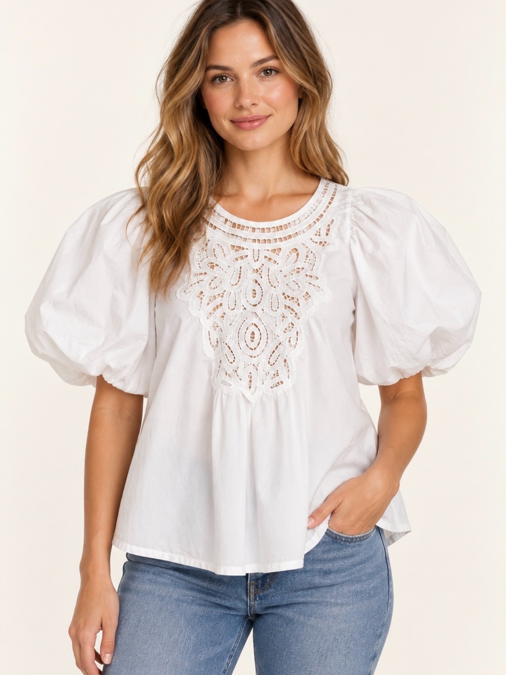 Free People White Puff Sleeve Battenberg Lace Yoke Top White Large worn ONCE